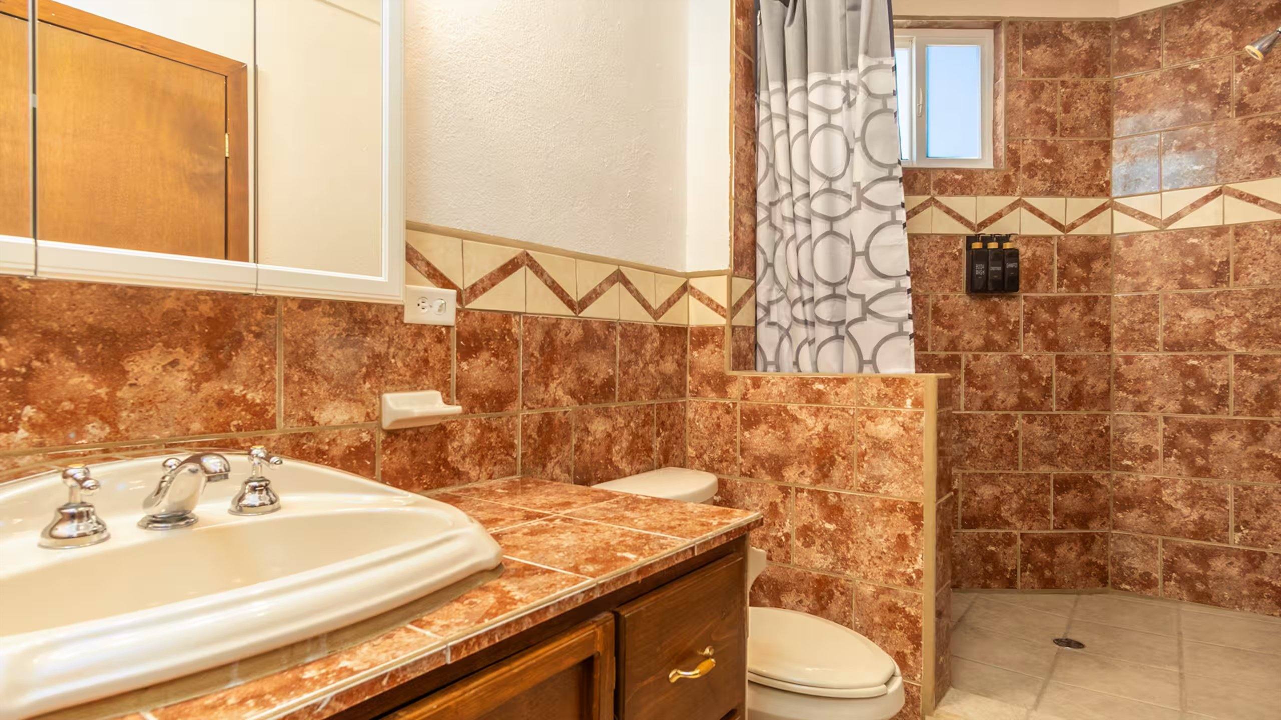 Bathroom at Cholla Bay Vista with a walk-in shower and terracotta-toned tile