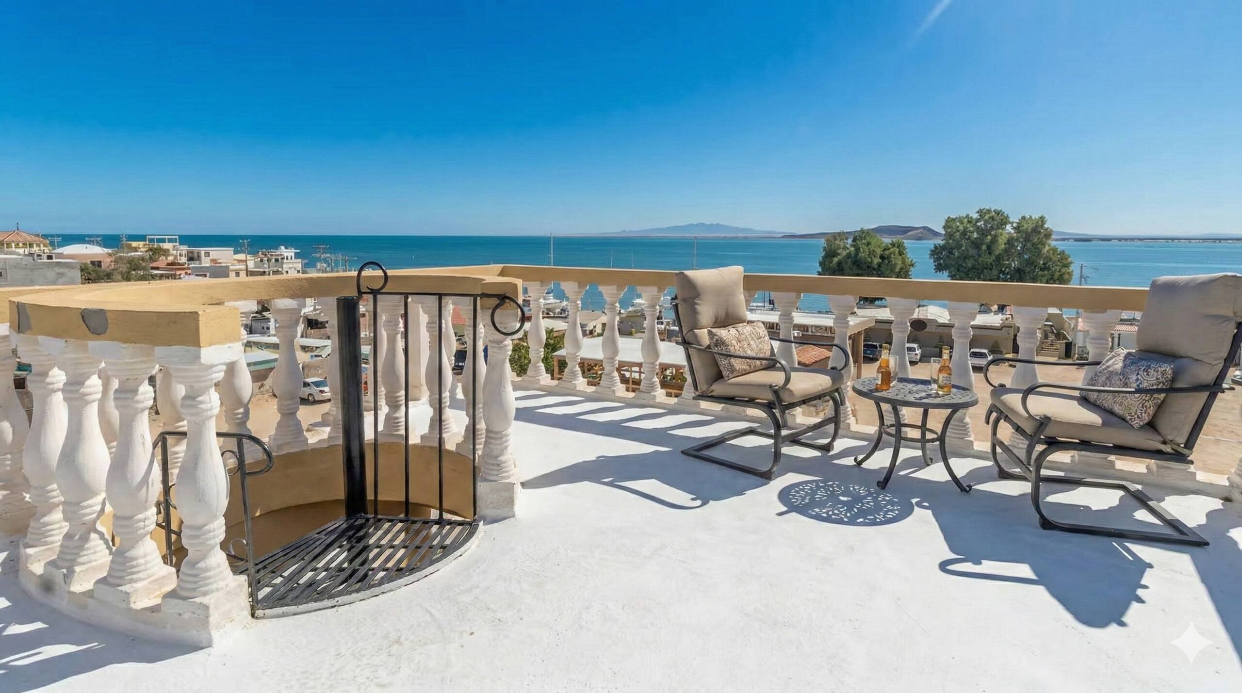 Rooftop patio chairs at Cholla Bay Vista looking out over the Sea of Cortez